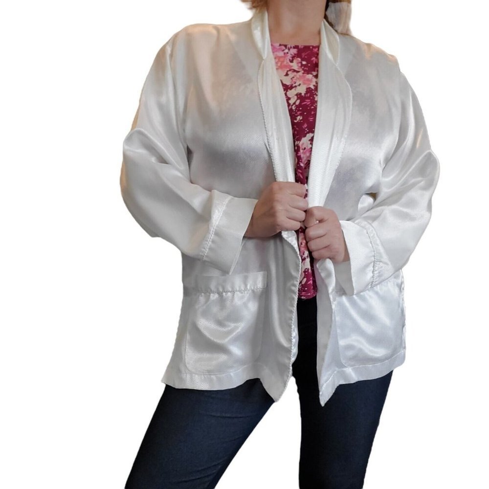 Vintage Christian Dior Off-White Satin Blouse Button up Longsleeve L/XL Flaw